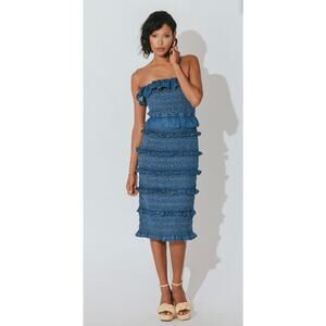 Cleobella Ezra Midi Dress Classic Blue Size Large NWT Strapless Smocked Bodice